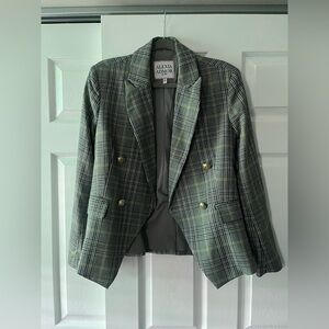 Alexia Admor Olive Plaid Double-Breasted Blazer with Gold Buttons